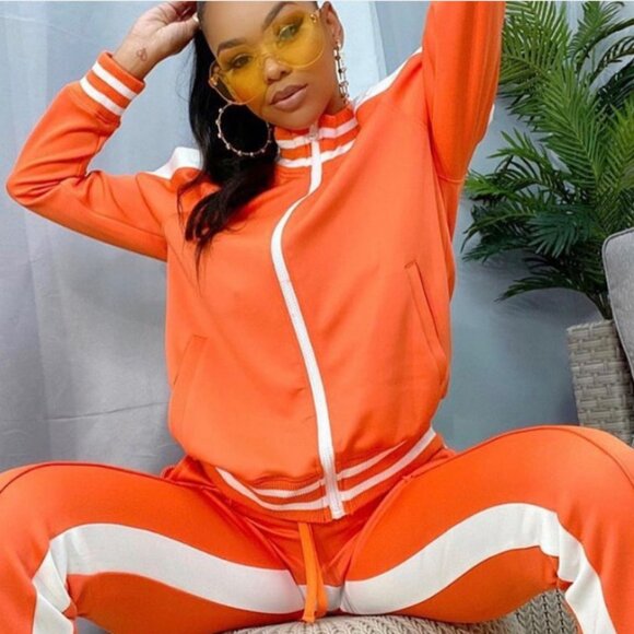 Women's Stylish Activewear Tracksuit Striped Orange/White Stripe Pants 2 Pc Set - Picture 7 of 7